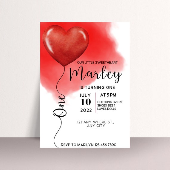 Valentine Red Heart Birthday Invitation, First Birthday Invite, Watercolor Heart Balloon, Instant Download #HBRD