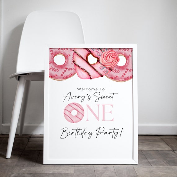 Sweet One Pink Donut Birthday Welcome Sign - Editable Any Age Party Template, Baby Girl's First Birthday Party Printable, Print and Digital