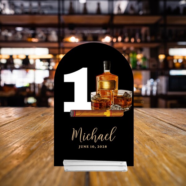 Customizable Whiskey and Cigar Arched Table Sign, Personalized Table Number for Parties and Events, Editable Rustic Table Décor for Weddings