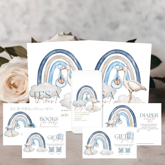 Editable Baby Shower Invitation Bundle Stork & Baby, Books for Baby, Diaper Raffle, Baby Registry, Printable Template Boy Blue Rainbow