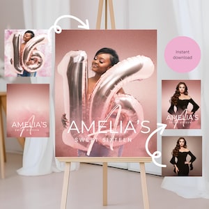 Plantilla de letrero de bienvenida para 16 años en oro rosa: letrero personalizado con foto para 16 años, letrero de bienvenida editable, descarga instantánea