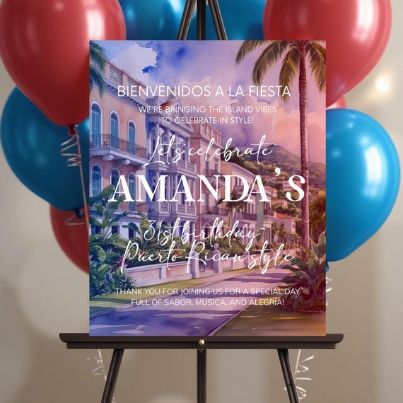 Editable Puerto Rico Birthday Welcome Sign Template, Printable Island Theme Party Decor, Puerto Rican Skyline Poster, Tropical Fiesta Sign