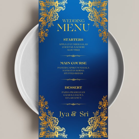 Royal Blue and Gold Indian Wedding Menu Template | Elegant Customizable Engagement and Wedding Menu Design | Traditional Personalized