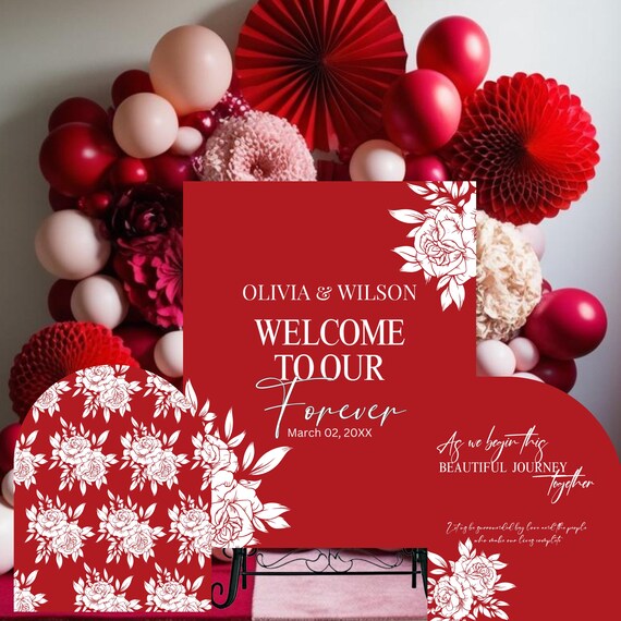 Red and White Romantic Wedding Welcome Sign | Custom Wedding Arch Sign | Personalized Wedding Decor | Elegant Bride and Groom Entrance Sign