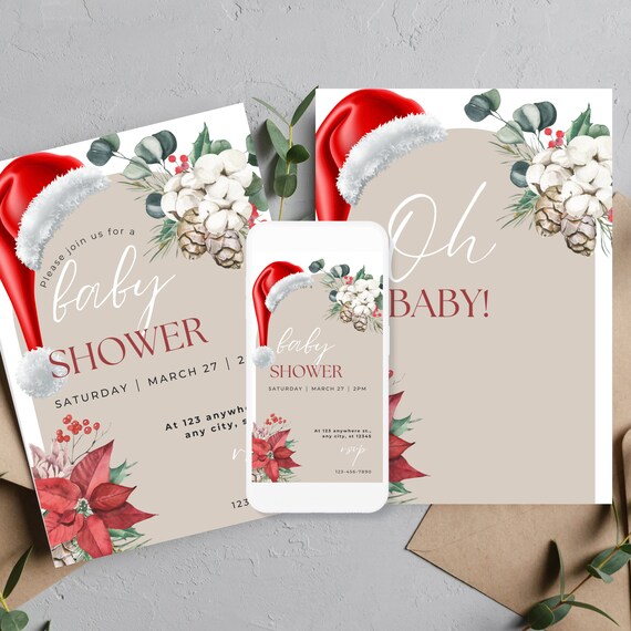 Customizable Christmas Baby Shower Invitation Template, Winter Baby Shower Digital Invite, Christmas Boho Arch Baby Shower