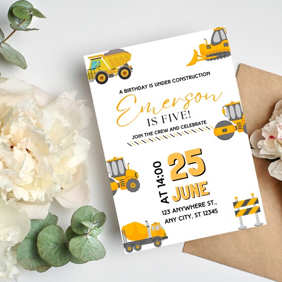 Editable Construction Invitation | Dump Truck Birthday Party, Custom Construction Birthday Invitations, Print and Digital