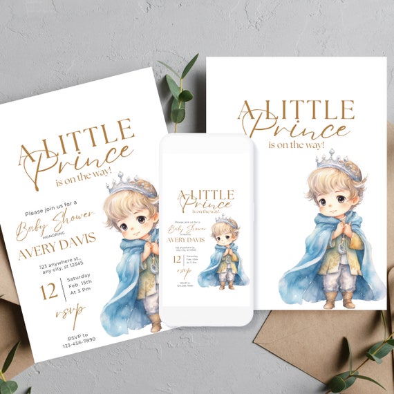 Boy Baby Shower Invitation Template, Prince Printable Fairytale Theme Party Invite, A Little Prince is on the way Blue Invitations