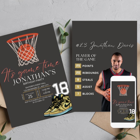 Game Time Birthday Invitation Template, Customizable Basketball Birthday Printable Any Age - Editable Sports Party Invite, Print, Digital