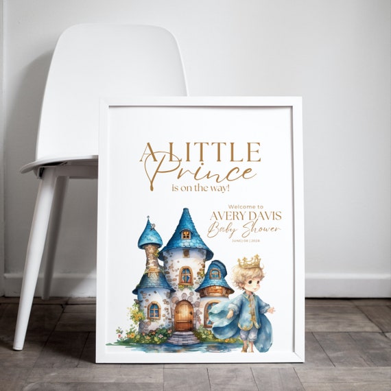 Prince Baby Shower Welcome Sign Template, Prince Printable Fairytale Theme Party Signs, A Little Prince is on the way Blue Banner