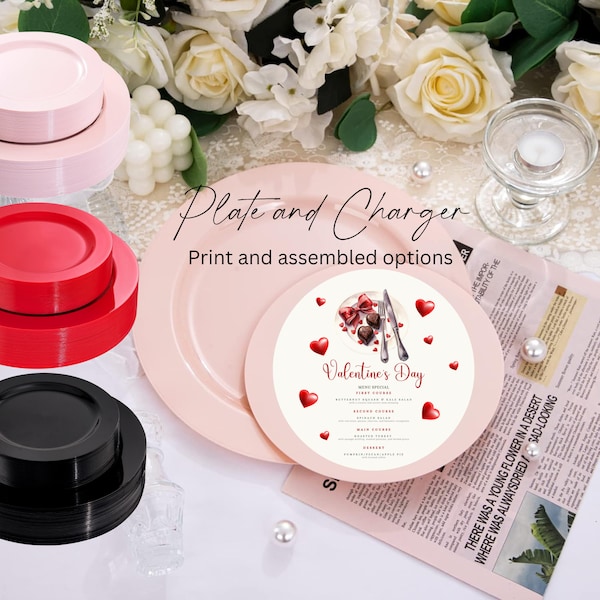 Valentine's Day Charger Plate Theme: Editable Printable Round Menu Card Template in Red & White - Thank You Party Decor Assembled and Print
