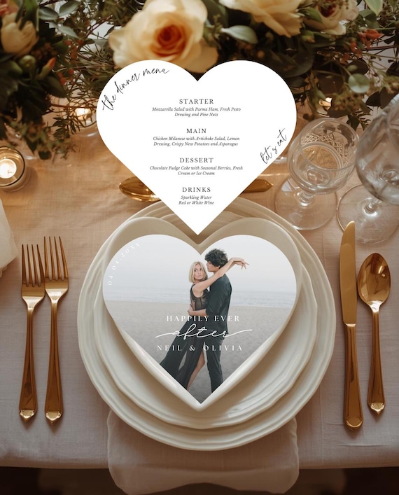Personalized Photo Heart Charger Plate Menu | Custom Wedding Place Setting | Heart Shaped Charger with Names | Reception Table Decor