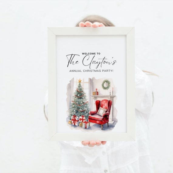 Annual Christmas Welcome Sign, Family Winter Party Banner, Editable Holiday Scene Welcome Signs, Printable Holiday Template