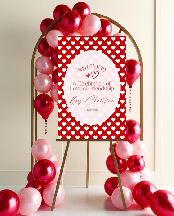 Personalized Welcome Sign with Hearts | Custom Name Party Welcome Sign | Red & White Heart Decor