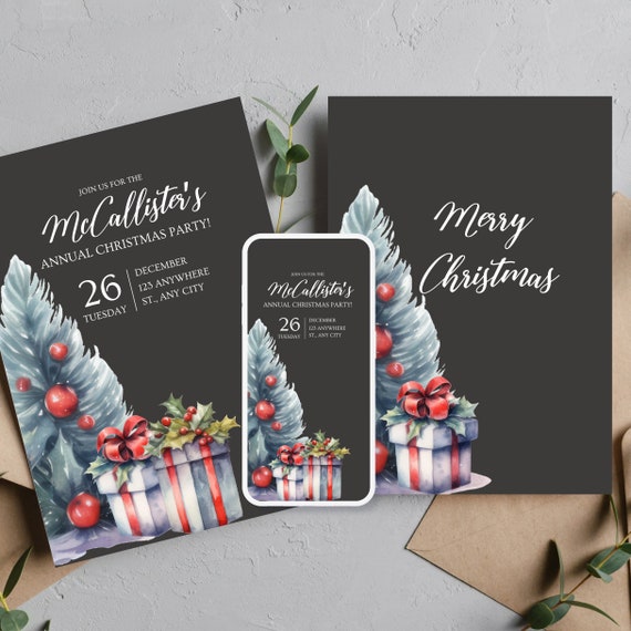 Annual Christmas Party Invitation Template, Holiday Christmas Celebration Invite, Printable Winter Xmas Invitations, Print and Digital