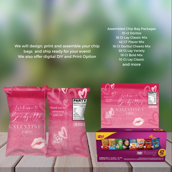 Pink Heart Galentine Chip Bag Template - Editable Birthday Party Favor, Personalized Bags - DIY Customizable Printable for Girls' Night Out