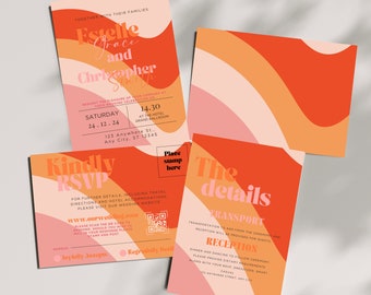 May include: Wedding invitation with an abstract orange and pink design. The invitation features the names Estelle Grace and Christopher Smith, the date Saturday 24.12.24, the time 14:30, and the location at the hotel grand ballroom. The RSVP card includes a QR code and the text "Kindly RSVP". The details card includes the text "The details", "Transport", and "Reception".
