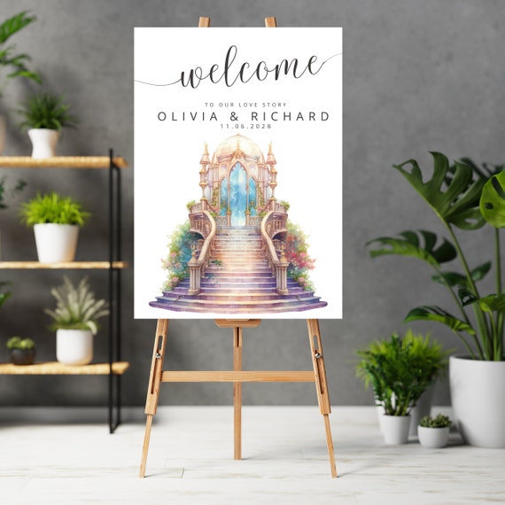 Fairytale Wedding Printable Welcome Sign, Wedding Staircase Party Signs Template, Happily Ever After Banner, Wedding Signage Print, Digital