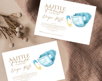 Prince Baby Shower Diaper Raffle Template, Prince Printable Fairytale Theme Party Cards, A Little Prince is on the way Diaper Raffle Cards