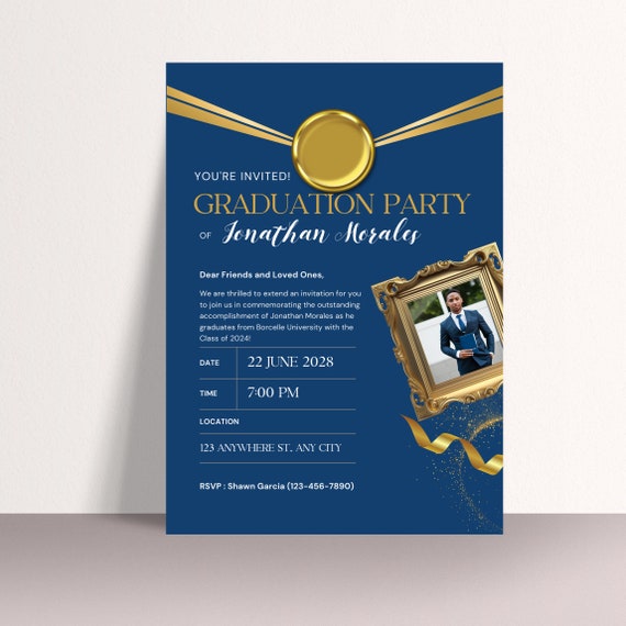 Class of 2024 Blue and Gold Graduation Party Invitation - Customizable and Printable Graduation Photo Invitation Template