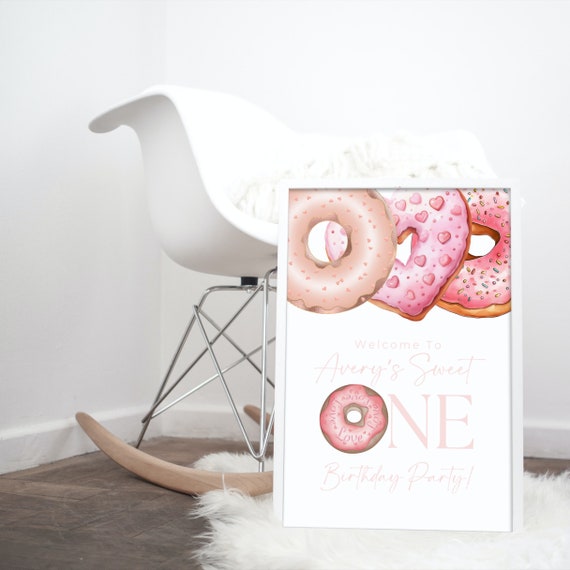 Sweet One Pink Donut Birthday Welcome Sign - Editable Any Age Party Template, Baby Girl's First Birthday Party Printable, Instant Download