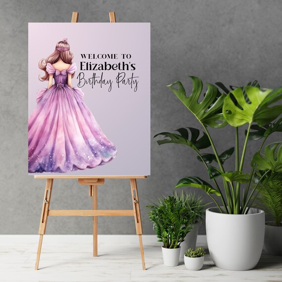 Princess Birthday Welcome Sign, Party Banner, Purple Princess Template, Printable Customizable Minimalist Banners, Print and Digital