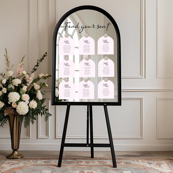 Custom Mirror Arch Wedding Seating Chart with Vinyl Title & Wax Seal | Elegant Black Trim Reception Sign, Personalized Modern Escort Display