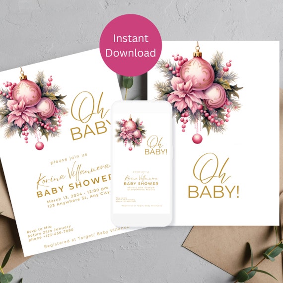 Pink Christmas Ornament Baby shower Invitation Template, Winter Girl Baby Shower Invitations, Holiday Winter Pink Printable Invites
