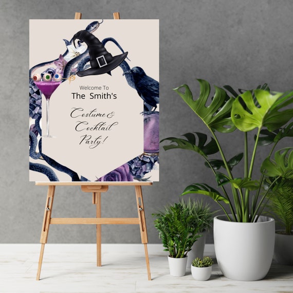 Halloween Costumes & Cocktails Welcome Sign, Gothic Theme Signs, Halloween Party Banner, Spooky Party Template, Instant Download