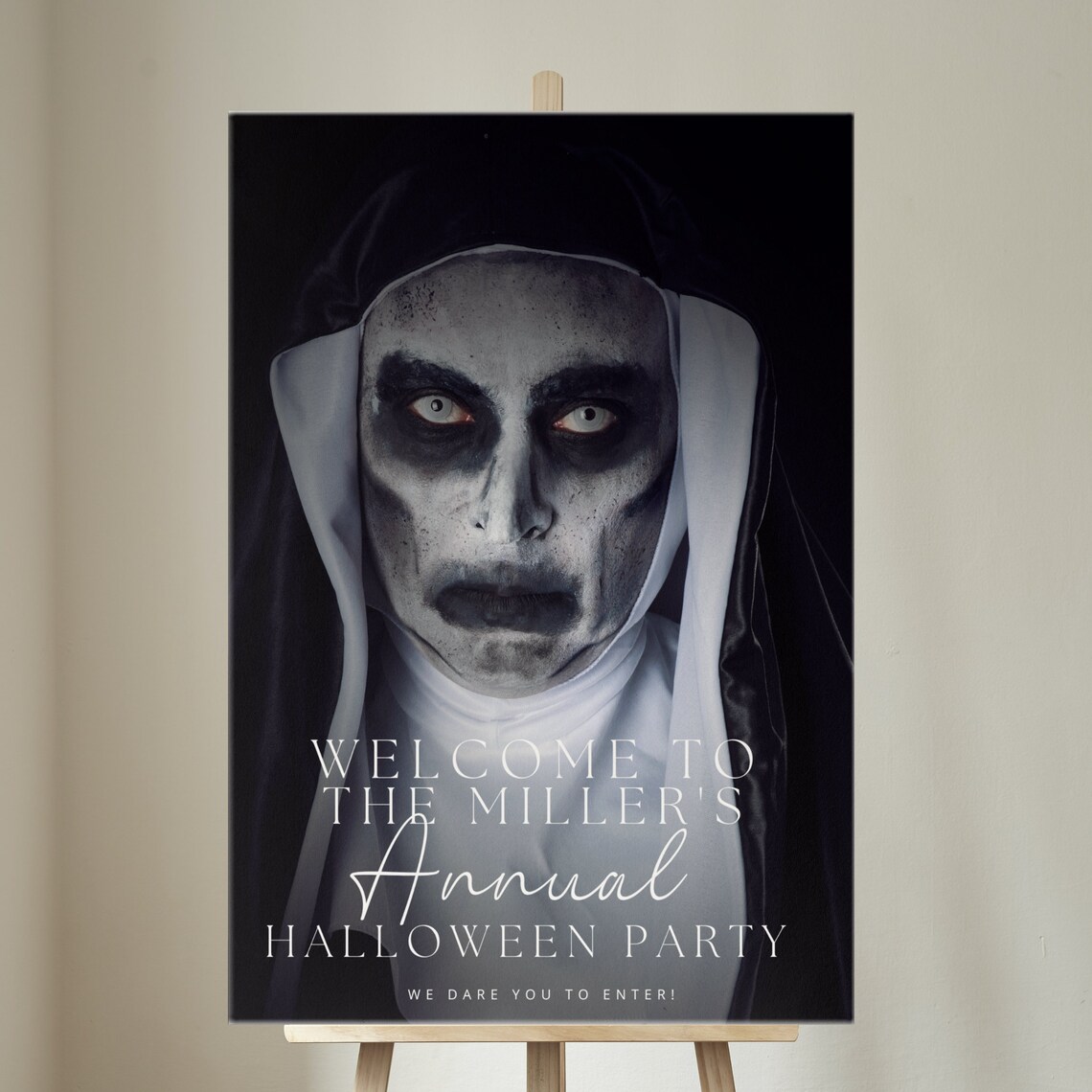 Spooky Halloween Welcome Sign, Editable Nun Party Signs, Horror Banner ...