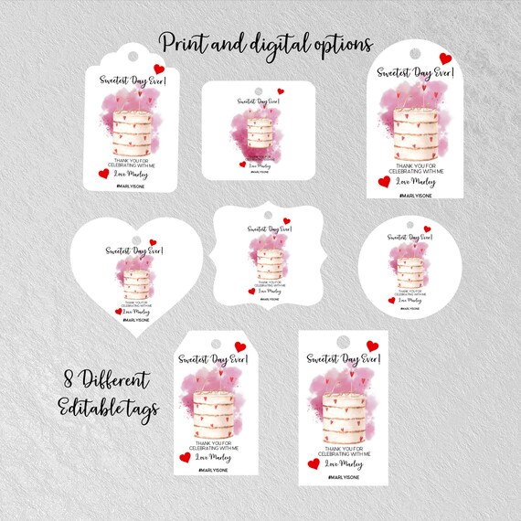 Valentine Birthday Thank you Tags, Printable Heart and Cake Party Favor Label, Editable Labels Bundle Favors, Print and Digital, #Val