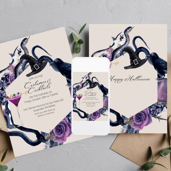 Costumes & Cocktails Invitation, Halloween Party Invite, Printable Template, Gothic Theme, Digital and Print