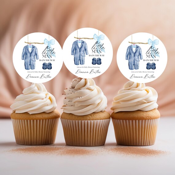 Editable Round Baby Shower Cake Topper - A Little Man is On The Way Cupcake Toppers - Blue Boy Suit Cake Decor