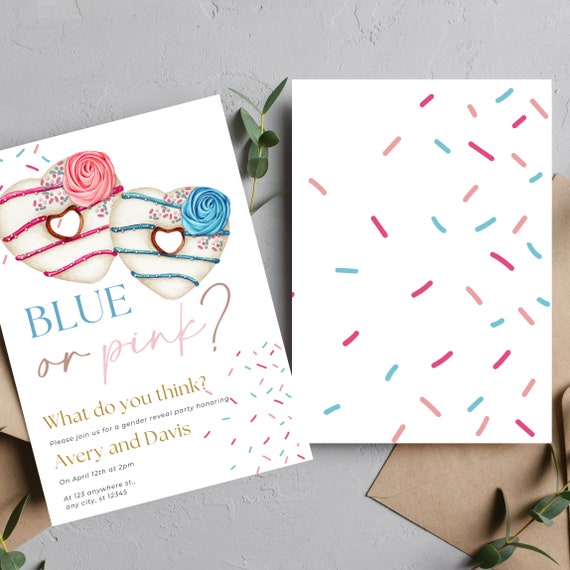 Sweet Donut Baby Shower & Gender Reveal Invitation Template - Pink and Blue Heart Donuts Design - Personalized Printable Invites