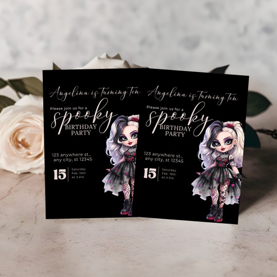 Editable Spooky Birthday Girl Invitation Template - Halloween Birthday Party Printable, Black and Pink, Customizable Halloween Invitation