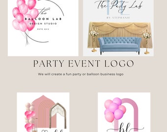 Könnte beinhalten: Vier verschiedene Logo-Designs für ein Party- oder Ballonunternehmen. Die Logos zeigen rosa und weiße Ballons, einen rosafarbenen Torbogen, ein blaues Sofa und den Text "The Party Lab" und "The Balloon Lab".