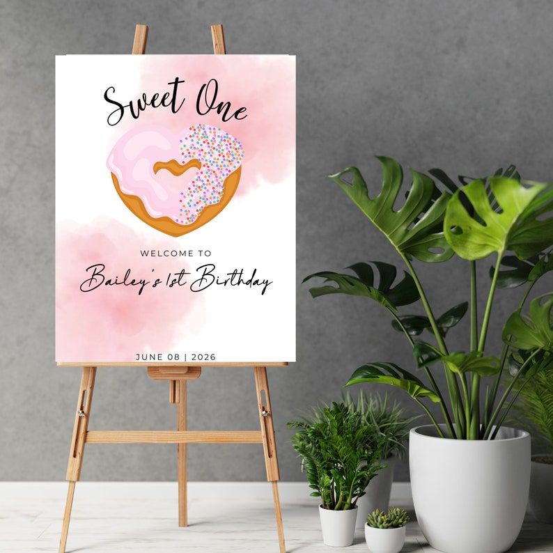 Sweet One Birthday Donut Welcome Sign, Pink Girls 1st Birthday Party ...