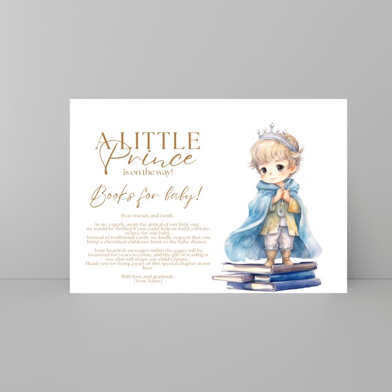 Prince Baby Shower Books for Baby Template, Prince Printable Fairytale Theme Party Cards, A Little Prince is on the way Blue Books For Baby