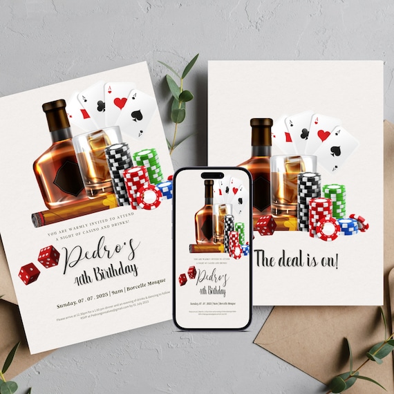 Casino Whiskey Birthday Invitation, Editable Any Age Men's Birthday Invite, Cigar Printable Bday Invitations, #AWC