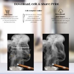 K&ouml;nnte beinhalten: Schwarz-wei&szlig;e Einladung mit einer Illustration von Zigarre und Rauch. Der Text lautet "Bitte schlie&szlig;en Sie sich uns an f&uuml;r Toast & Smokes Thomas Geburtstagsparty April 24 06 PM 123 Anywhere St., Any City, ST 12345 RSVP (+123) 4567890"