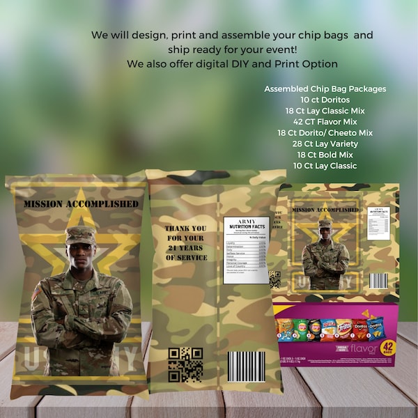 Army Birthday Chips Bag Labels, Army Camo Party Chip Bags, 1oz Snack Bag Template, Editable Army Retirement Party Chip Bag Label
