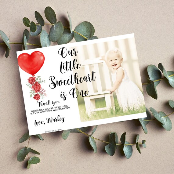 Little Sweetheart Birthday Thank You Photo Card, First Birthday Party Card, Watercolor Red Heart Balloons, Instant Download #BHF