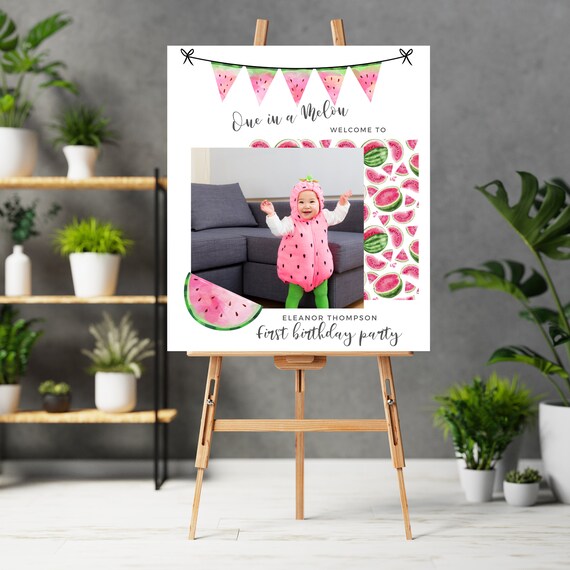 Watermelon Birthday Photo Invitation Template, Pink Watermelon Printable Invite, One in a Melon Invitations, Instant Download, #MBP