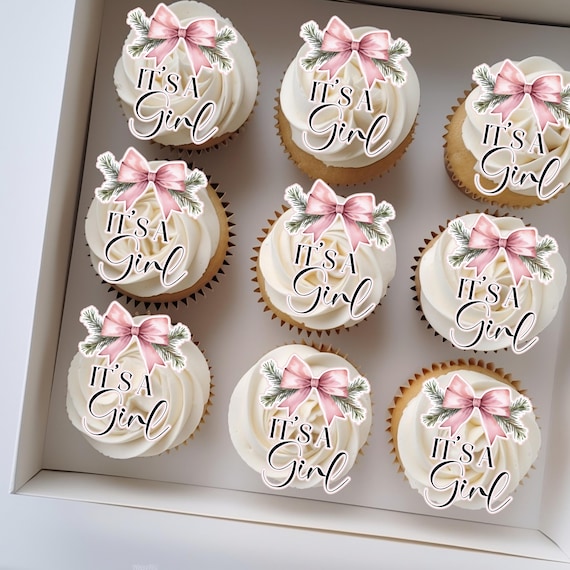 Personalized Edible Pink Christmas Bow Cupcake Topper | It's a Girl Baby Shower Cake Topper | Custom Holiday Party Topper, Baby Shower
