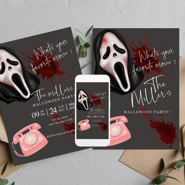 Halloween Party Invitation Template, Horror Printable Invitations, Killer Scream Costume Party Invite, Custom Editable Spooky Invites