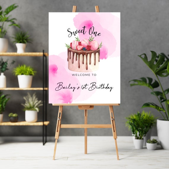 Sweet One Birthday Cake Welcome Sign, 1st Birthday Party Signs, Pink Cake Banner, First Birthday Print and Digital #SBC