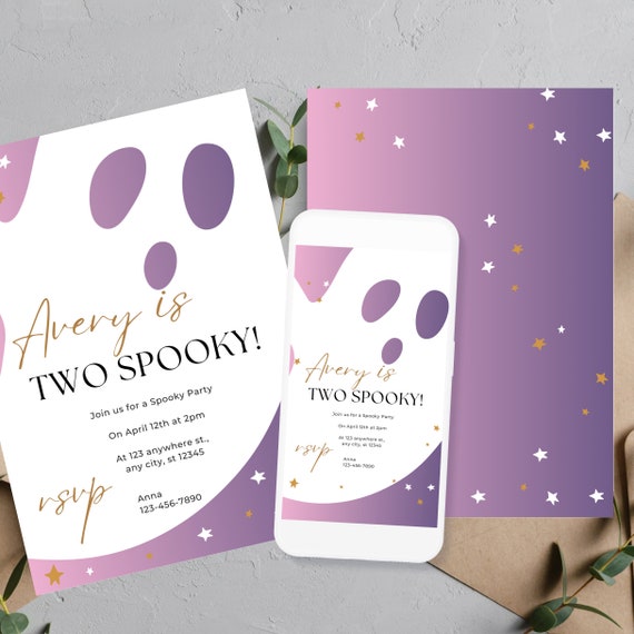 Editable Two Spooky Halloween Birthday Party Invitation, Ghost Second Birthday Invite, Halloween Printable, Girl Ghost Birthday