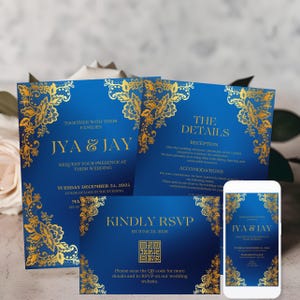 Lot de faire-part de mariage indien bleu royal et or | Élégantes invitations de mariage et de fiançailles traditionnelles personnalisées avec code QR