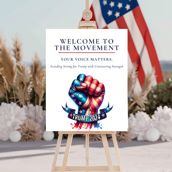 Pro-Trump Welcome Party Sign with Fist Graphic | Political Rally Decor | Patriotic Event Support Banner | Strong America 2024