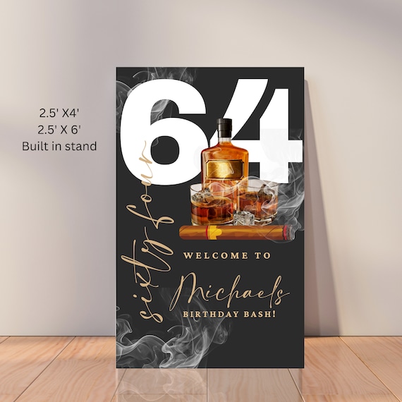 Editable Adult Whiskey and Cigar Birthday Welcome Sign | Custom Men's Birthday Banner | Printable Bday Sign | Floor Stand Toast & Smokes