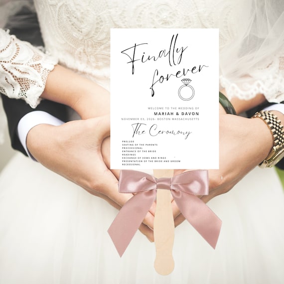 Finally Forever Wedding Fan Ceremony Fan Sign, Minimal wedding Fan Template, Minimalist Wedding Décor, Digital, Print and Assembled